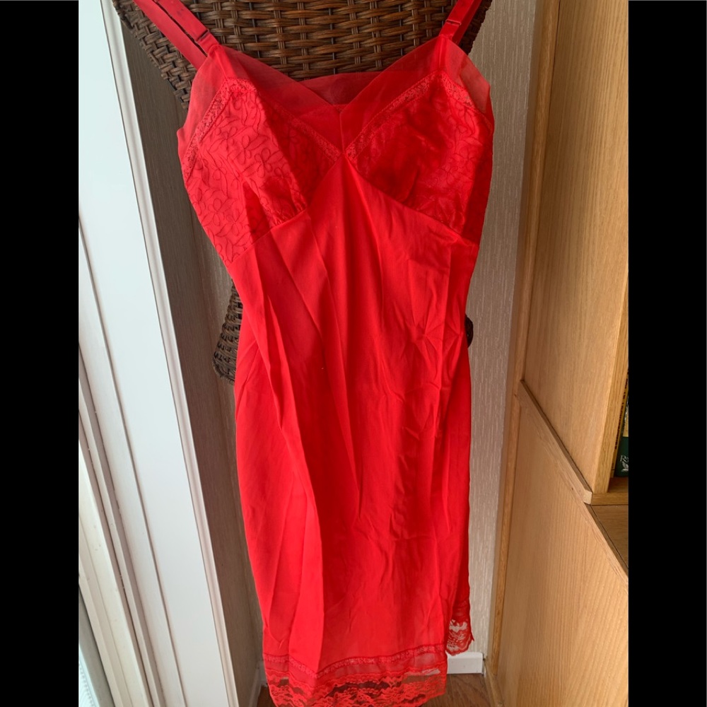 Vintage Red Slip Lingerie Nylon and Lace